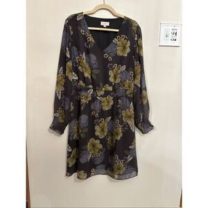 Loft Floral V Neck Dress Large Gray Blue Green Yellow Long Sleeve Above Knee